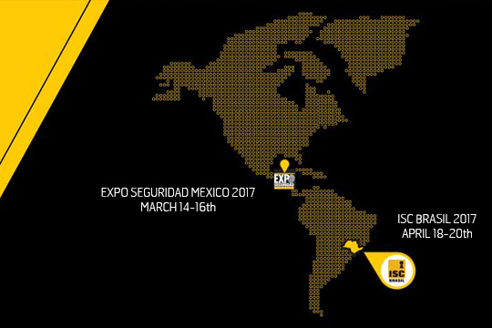 Map of South America with pins for Expo Seguridad and IOSC Brasil